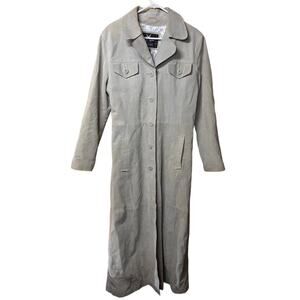 VTG Maxima Wilsons Women's size Medium Green Tan Leather Long Trench Coat 90s